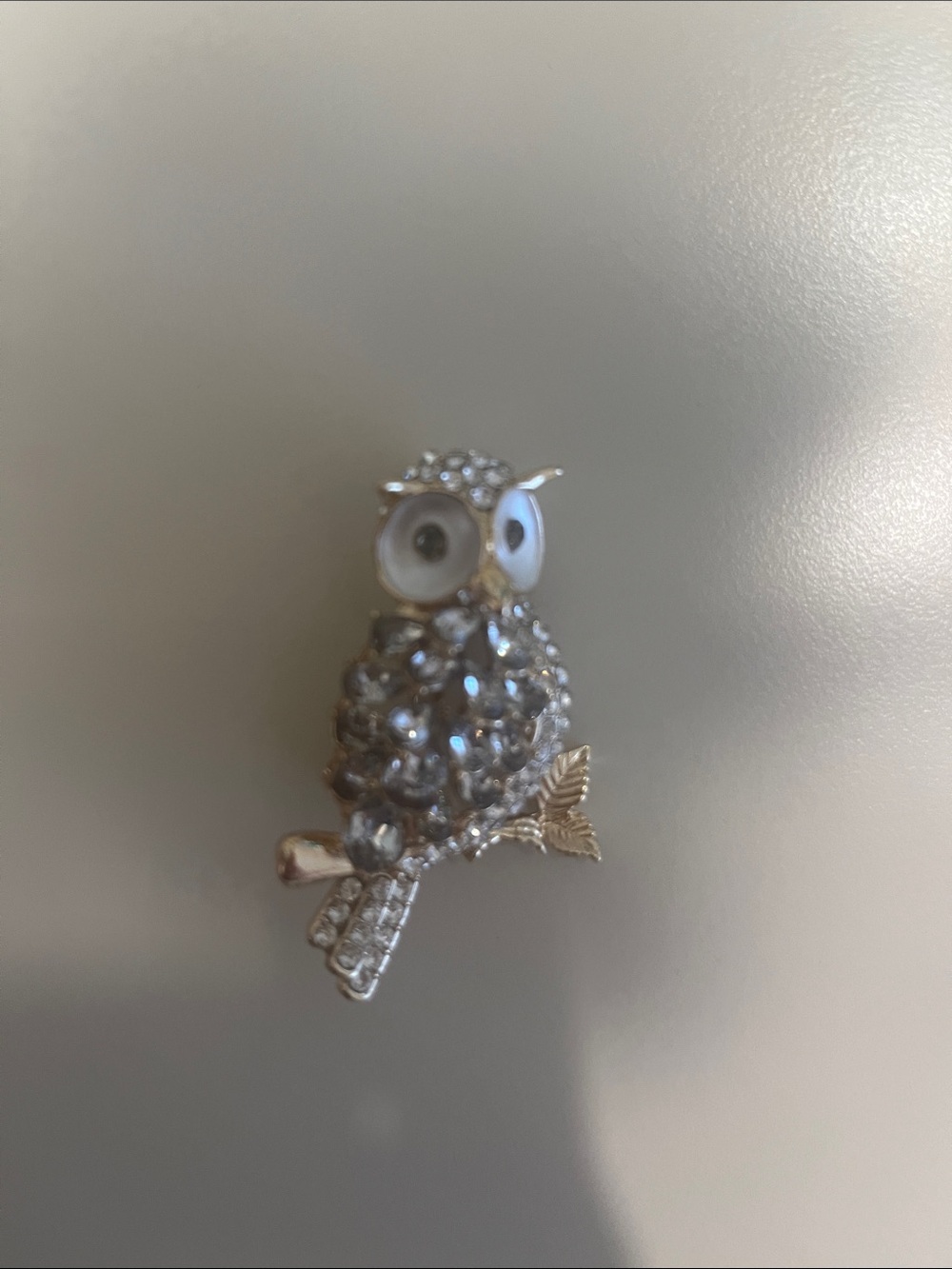 Crystal Owl Brooch Pin - Silver Toned with White Enamel Eyes